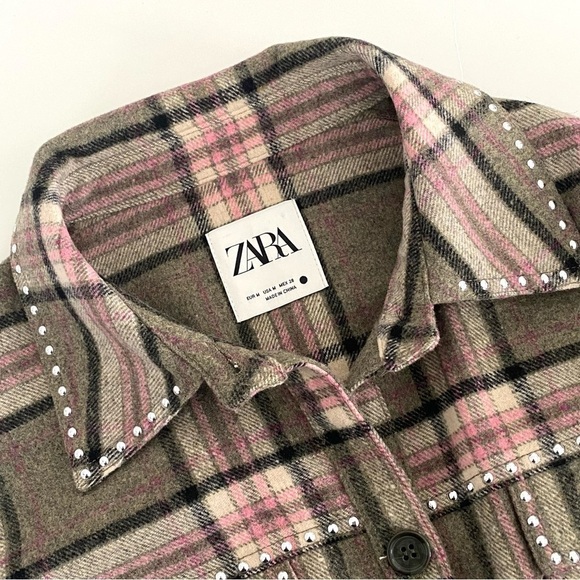 Zara Plaid Flannel Oversized Shacket with Fringe Hem and Studded Detailing - Picture 9 of 13